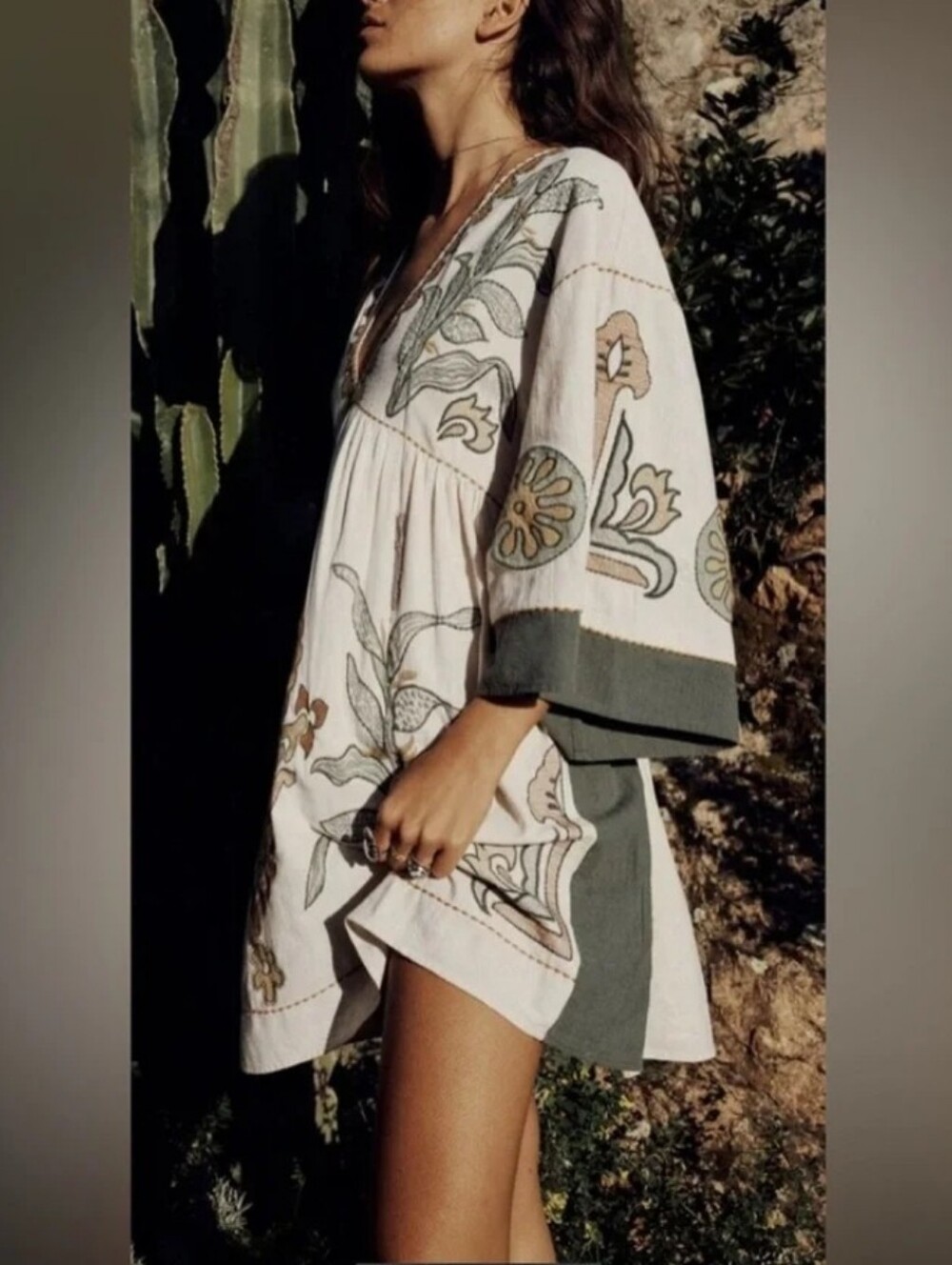 NWT! Zara The Romy Zara Cream Linen Cotton Dress with Green & Gold Embroidered - Picture 3 of 7